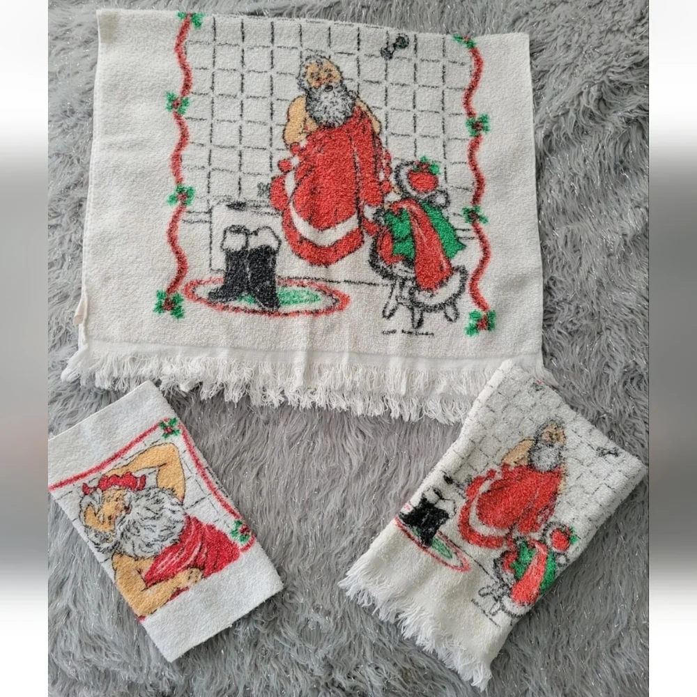 Vintage Cannon Christmas Santa Shower Bath Towel Set Hand Washcloth 1987 Set 3